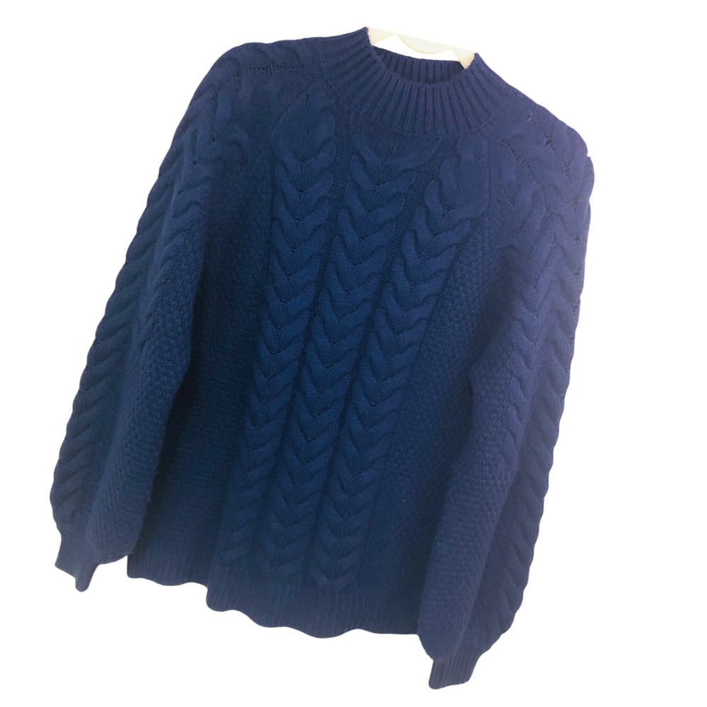 Ann Taylor Blue Cable Knit Mock Neck Sweater Chunky Academia Wool Blend Womens S
